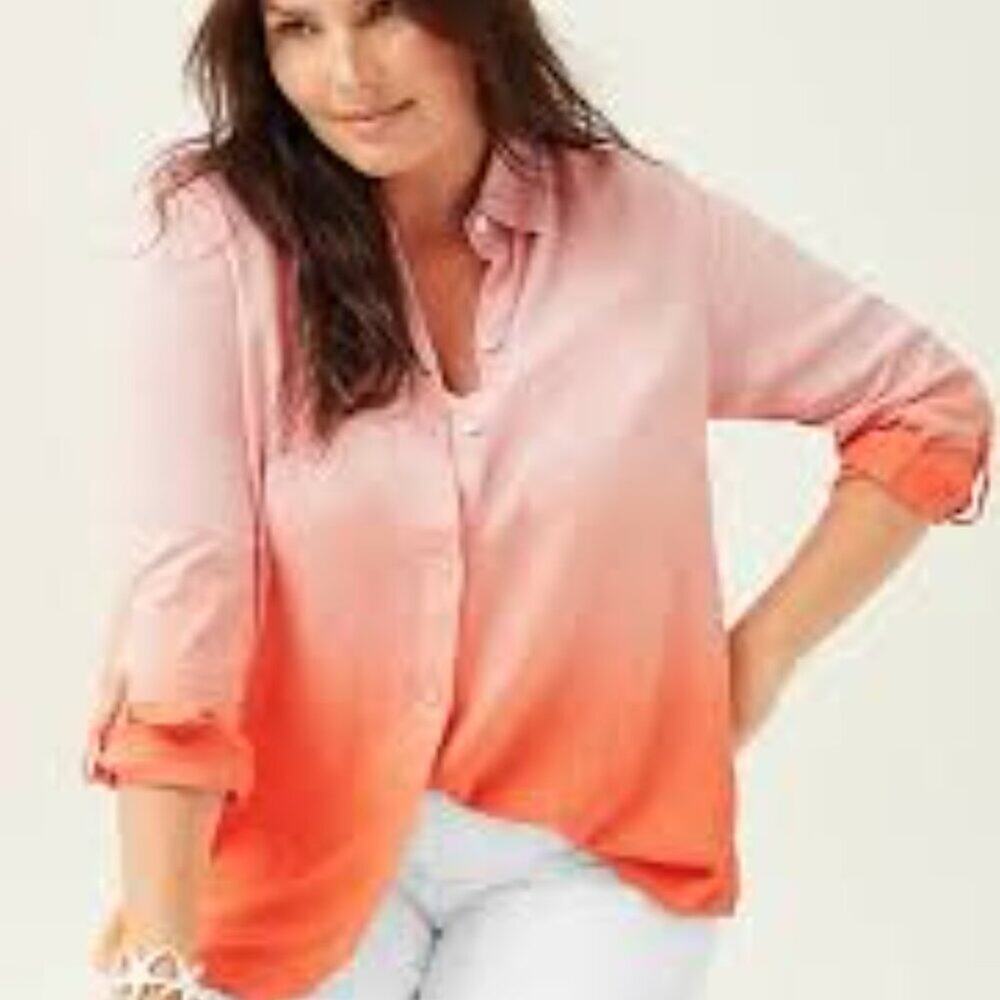 NWT J Jill Linen Blend Pink and Orange Button Down Shirt Small O0296